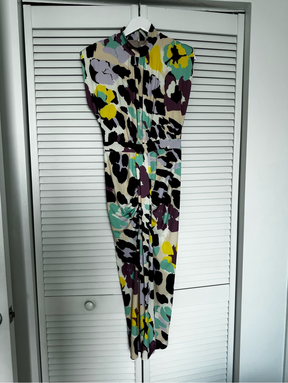 Cap-Sleeve Midi Dress in Cream with Teal & Yellow Floral Print